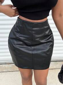 Alexandranx 春季侧拉链PU黑色短皮裙 - 黑色 - 查看 6
