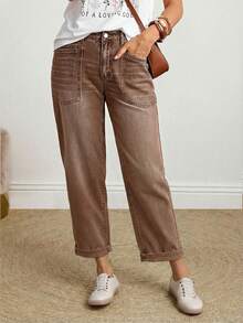 EMERY ROSE Plus Size Women Casual Everyday Commute Patchwork Pocket Washed Straight Leg Jeans - Camel - View 3