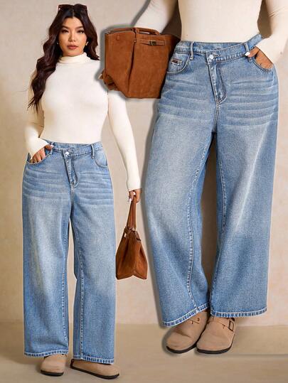Elaquor Plus-Size Light Blue Jeans, High-Waisted Wide-Leg Pants, Irregular And Comfortable Elastic Waistband, Casual And Versatile Jeans, Summer Pants.
