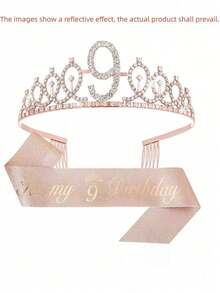 Sparkling Rhinestone Crystal Crown Tiara With Happy Birthday Satin Sash 2PCS Set For Girls 3rd 4th 5th 6th 7th 8th 9th Years Old Birthday Party Decorations, Princess Anniversary Celebration Supplies For Christmas​ - Rose Gold - View 14