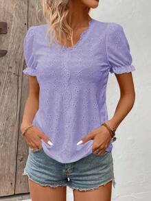 EMERY ROSE Summer Casual Solid Color Textured Lace Trim T-Shirt - Purple - View 4