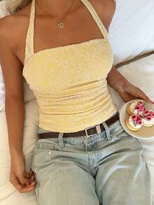 CovetEZ 女士蕾丝拼接露背吊带系带上衣，时尚百搭，适合约会和派对 - 黃色 - 查看 3