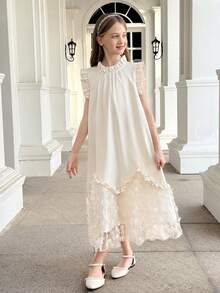 SHEIN Vestido elegante de fiesta y ocasión para niña preadolescente con cuello alto, volantes y parches de malla - Blanco - Ver 4