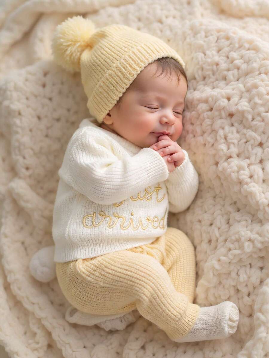 SHEIN 3件套婴儿医院入院公告服，适合1-3个月宝宝，针织上衣和裤子，含帽子，新生儿拍照道具，中性婴儿回家服 - 黃色 - 查看 1