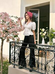 SHEIN MOD 女士复古撞色蕾丝喇叭裤，春季 - 黑色 - 查看 2