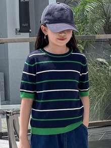 Dazy Kids 少女条纹圆领短袖休闲宽松针织上衣 - 彩色 - 查看 3