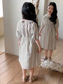 Dazy Kids Young Girl Striped Peter Pan Collar Short Puff Sleeve Cute Dress - Khaki - View 2