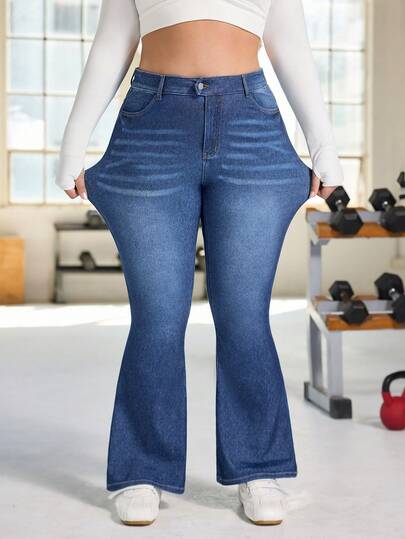 Flexra Plus Size Casual Everyday Washed Cat Whisker Flared Jeans With Slant Pockets