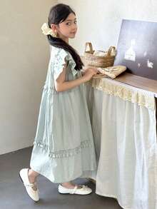 Dazy Kids Tween Girls' Casual Vacation Style Solid Color Ruffle Armhole Smock Dress, Summer - Green - View 4