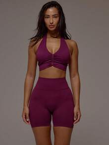 Musera Sport 2件装挂脖式褶皱前片运动文胸多件装，适合运动健身、健身房、普拉提、日常休闲穿着，烟晶色 - 彩色 - 查看 5