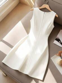 Franclia Elegant Party Mini Dress With Pearl Decor,Women's White Summer Classy Sleeveless Structured Short Dress,Spring Pearl Trim Elegant Dress - White - View 2