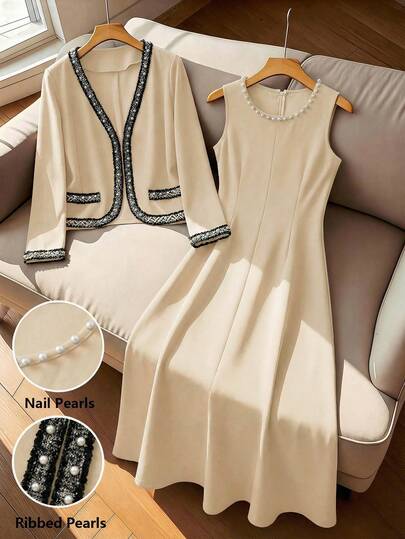 SHEIN Franclia 女士撞色仿珍珠装饰长袖开衫连衣裙套装，时尚百搭，适合派对和聚会