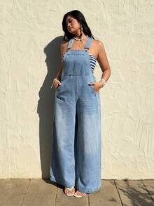 Sunnyshic Bộ áo liền quần denim cạp cao ôm dáng dành cho nữ cỡ lớn, kiểu quần yếm ống đứng rộng rãi thoải mái phong cách cao bồi mùa hè. - Rửa nhẹ - Xem 3