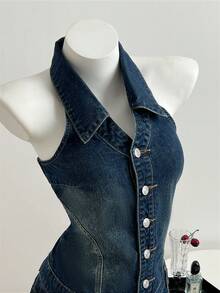 Elamini Women's Single-Breasted Utility Pocket Halter Neck Fitted Denim Dress - Dark Wash - View 3