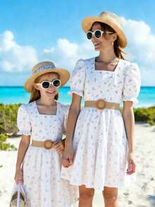 Sparklyn Tween Girls Floral Print Puff Sleeve Dress, Sweet & Fashionable, No Belt, Spring/Summer - White - View 8