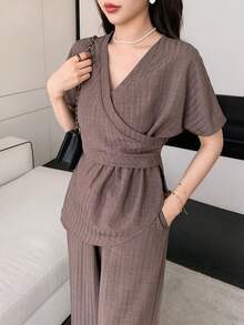 DAZY Women's Casual, Office, Commute Surplice Neck Wrap Fitted Top And Wide Leg Pants 2 Pieces Set, Spring/Summer/Autumn - Coffee Brown - View 5