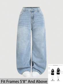 SHEIN Tall CURVE 大码女式休闲基础款蓝色牛仔宽松裤 - 淺色水洗藍 - View 1