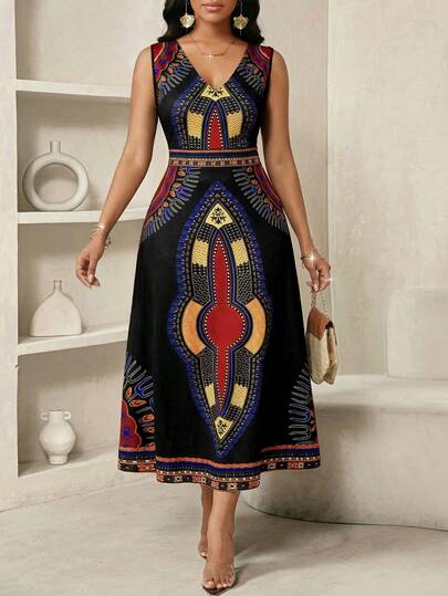 SHEIN Lady Women's Geometric Print V-Neck Sleeveless Casual Mid-Length Dress, Suitable For Vacation Ankara African Dress African Dresses For Women African Print Dress Women's African Print Dress African Dress For Women