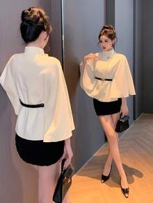 DAZY 宽松商务休闲披肩领大衣，金属扣装饰，适合办公室、婚礼、派对、秋冬季节穿着，加厚女式外套 - 米色 - 查看 4