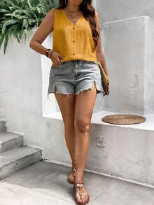 EMERY ROSE Áo thun nữ cỡ lớn, kiểu dáng đơn giản, cổ chữ V, không tay, thích hợp cho mùa hè, đi nghỉ mát, đi làm hàng ngày. - Màu vàng - Xem 4