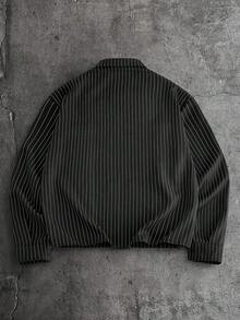 AXEPEAK 男士字母条纹印花纽扣前开襟休闲长袖衬衫黑色图案夹克街头风纽扣长袖衬衫男士条纹衬衫图案纽扣衬衫 - 黑色 - 查看 2