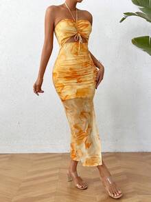 SHEIN x Marika Sila Breezaya 女士吊带褶皱网纱印花连衣裙长款女装 - 黃色 - 查看 6