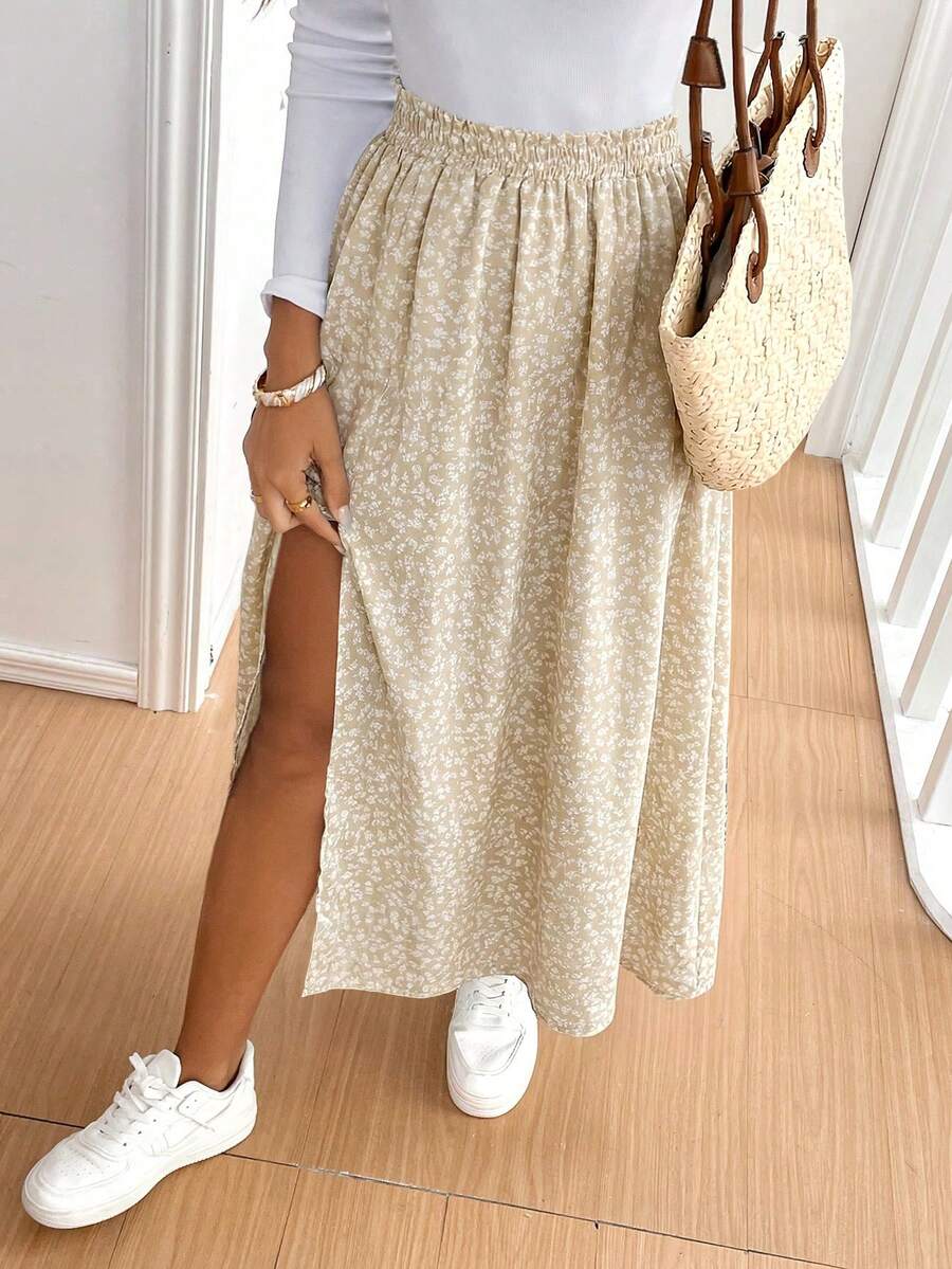 SHEIN Frenchy Women's Ditsy Floral Elastic Waist Frill Trim Split Skirt - Apricot - View 1