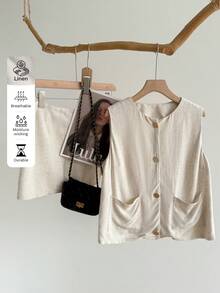 SHEIN EZwear Old Money Elegant 2pcs/Set Sleeveless Top + Skirt - Khaki - View 8