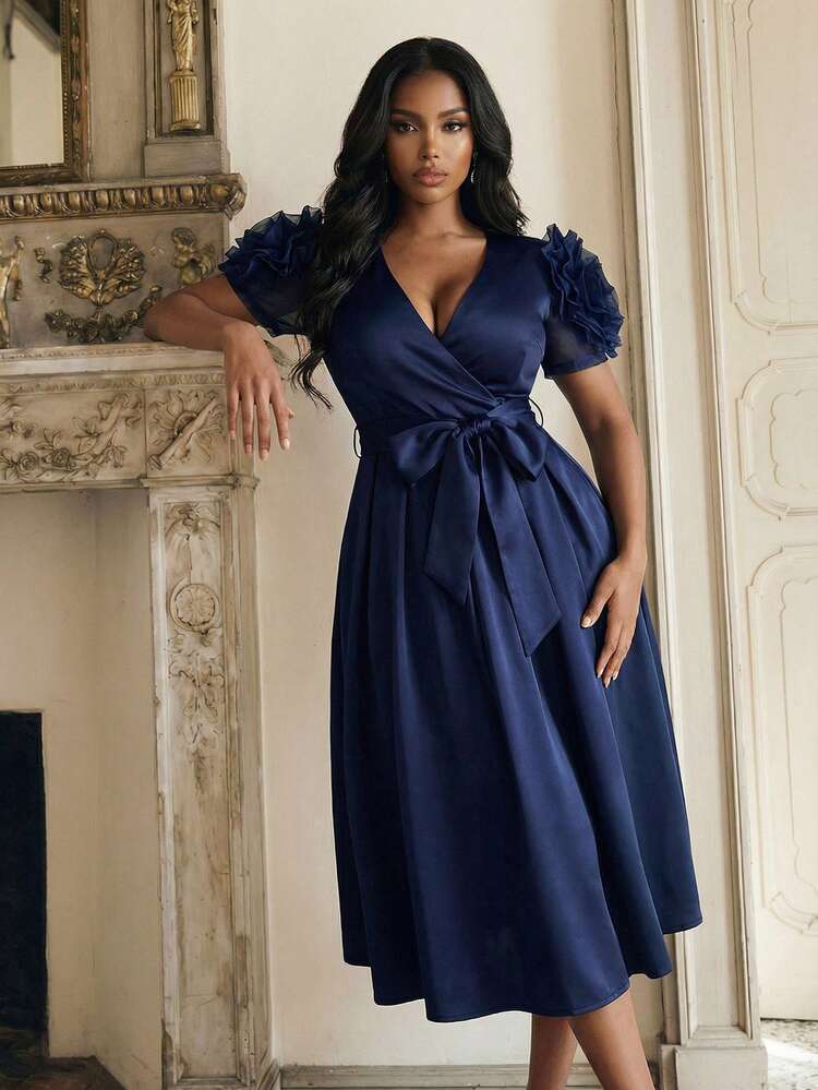 Women's Elegant V-Neck Flare Waist Tie Floral Sleeve Mesh Party Dress, Spring/Summer