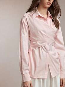 BizChic 2026 Spring/Summer New Arrival Pink Shirt Collar Front Button Down Asymmetric Cut Criss-Cross Binding Design Waist Cinched Slimming Women's Shirt, Romantic Casual Chic Elegant For Party And Office Commute - Pink - View 5