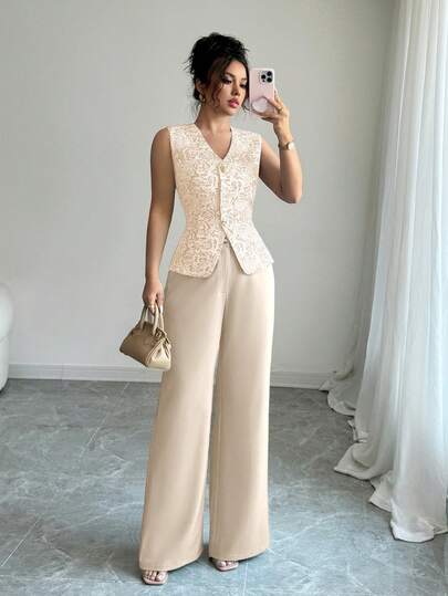 Rafferiza Elegant Blue Women 2-Piece Set, Gold Foil 3D Print Metal Buckle Decor Sleeveless Vest And Pants, Daily Wear 2-Piece Outfit, Summer