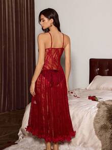 Slumberist 女士成熟性感蕾丝薄纱长款睡裙，饰有奢华3D立体花卉图案，吊带连衣裙 - 酒紅色 - 查看 2