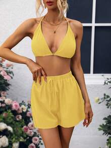 Selianne 3pcs Women's Mesh Front Opening Long Sleeve Set - Yellow - View 6