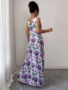 Elenzga 无袖V领露腰A字褶皱花卉优雅浪漫女装 - 紫色 - 查看 2