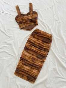 Soleia Conjunto de top de tirantes con estampado floral y minifalda plisada para mujer de talla grande, estilo vacacional de playa, atuendos de primavera y verano para mujeres, estilo bohemio para festivales de música al aire libre - Marrón - Ver 3