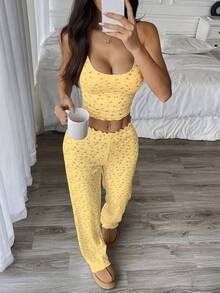 Hanevo Bộ đồ mặc nhà 2 món gồm áo hai dây và quần dài gân - Màu vàng - Xem 5