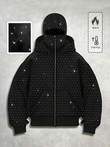 ROMWE MEN Street Life 时尚水钻装饰连帽运动衫，带口袋，前拉链运动衫，男士连帽衫，秋冬