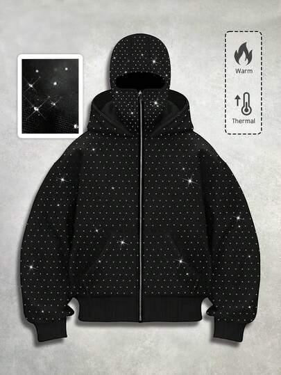 Street Life Felpa con cappuccio con decorazioni di strass alla moda, con tasche, felpa con cappuccio con zip davanti, per uomo, autunno inverno