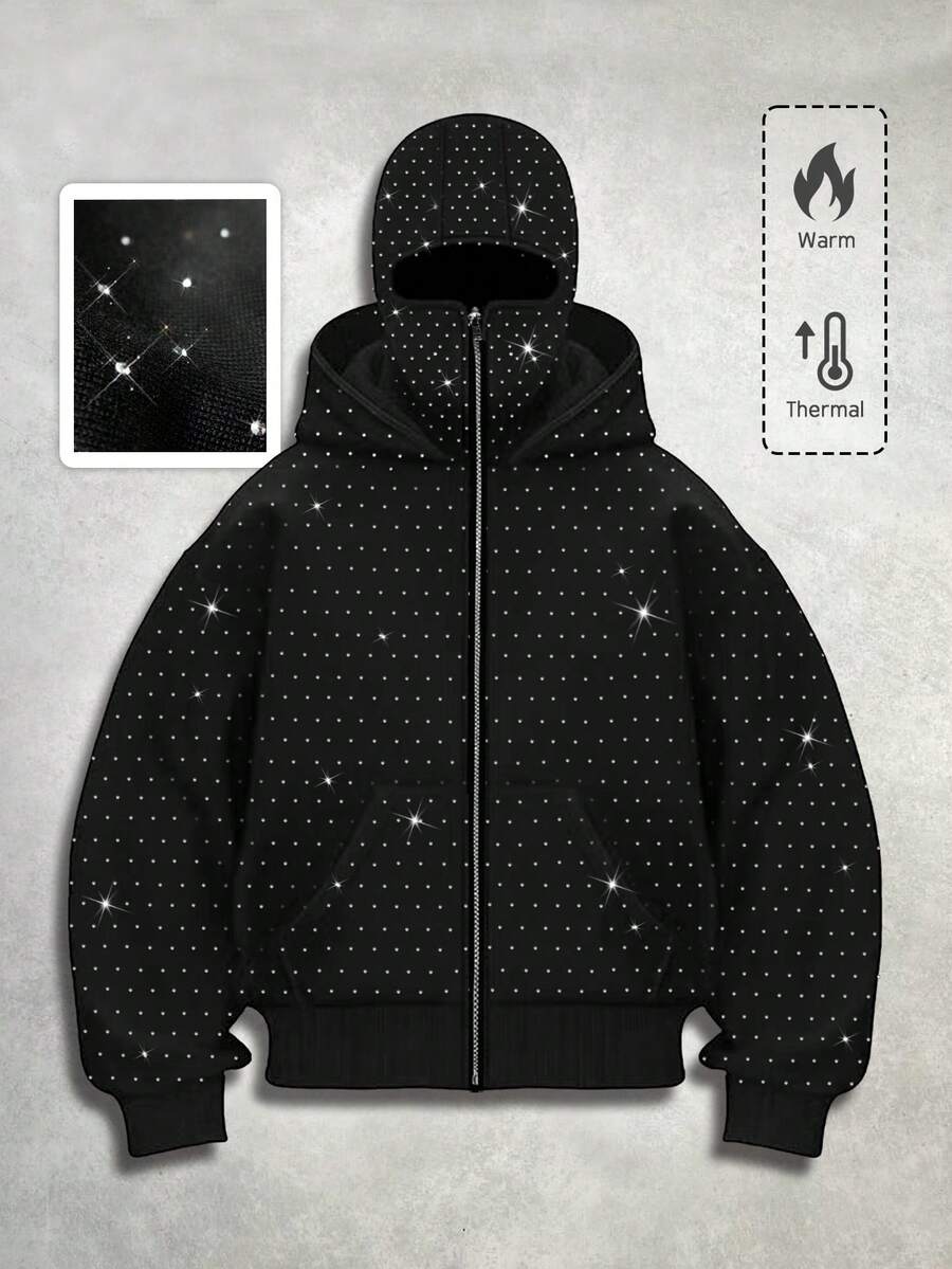 ROMWE MEN Street Life 时尚水钻装饰连帽运动衫，带口袋，前拉链运动衫，男士连帽衫，秋冬