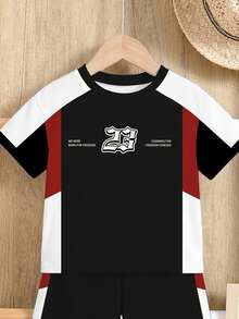 SHEIN 2pcs/Set Young Boy Casual Minimalist, Fashionable Classic, Y2K, Letter Print, Contrast Color, Style, Number 23, Sporty Vibe Loose Fit Comfortable Round Neck Short Sleeve T-Shirt And Shorts Set, Suitable For Spring/Summer - Multicolor - View 4