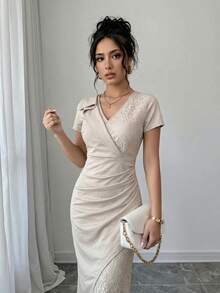 Modelyn Women's Elegant Contrast Lace Ruffle Summer Dress - Apricot - View 4