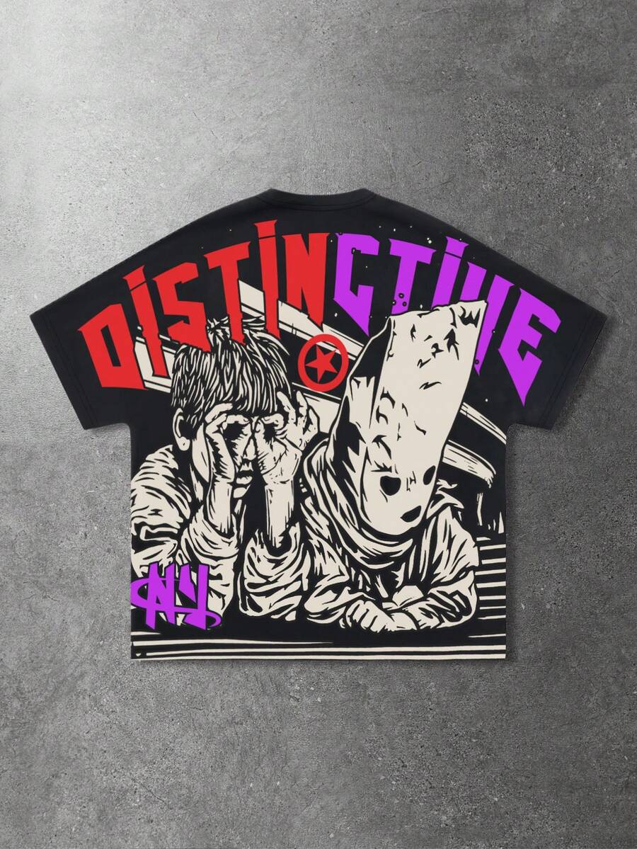 ROMWE MEN Street Life 男士休闲卡通字母印花T恤，夏季款 - 黑色 - 查看 1