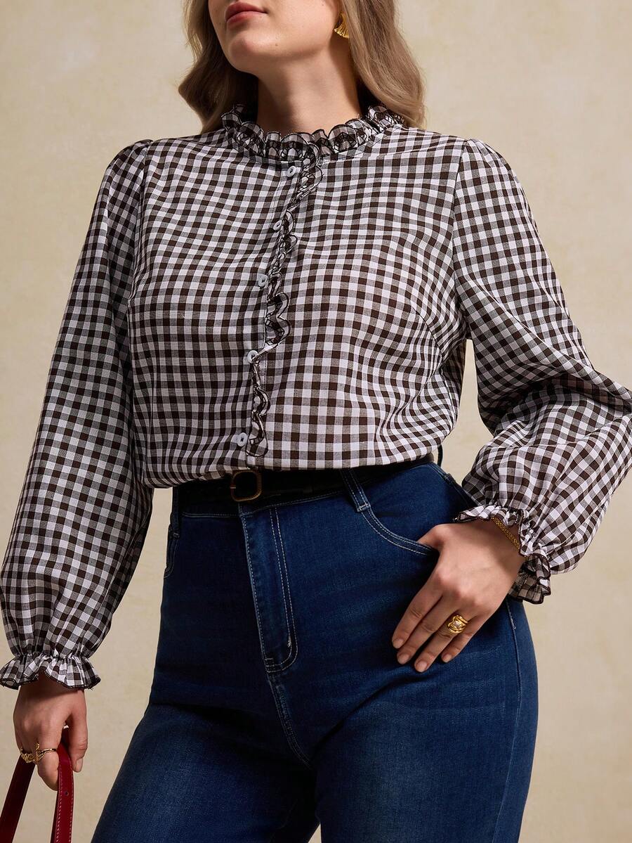 Elegantrix 女士格子荷叶边法式衬衫，休闲日常穿着，春夏款 - 棕色 - 查看 1