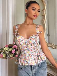Glamine Charm Áo tank top nữ gợi cảm và ngọt ngào, in họa tiết, gọng nâng ngực, kiểu xương cá, bèo nhún, chi tiết buộc dây. - Nhiều màu - Xem 5