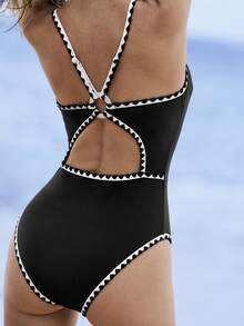 Swim SPRTY Women's Beach Vacation One-Piece Swimsuit With Contrast Trim And Embroidered Accents - Black and White - View 1