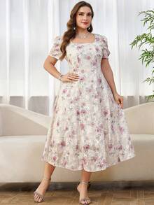 SHEIN Clasi 大码女式印花优雅派对短袖连衣裙 - 彩色 - 查看 4