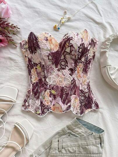 Soleia Sexy Off-The-Shoulder Lace Double-Layer Fitted Corset Bustier Top, Floral Embroidered Hollow Out Romantic Sweet Bodysuit, Suitable For Vacation, Night Out, Wedding Guest, Fall