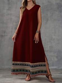 EMERY ROSE Đầm nữ họa tiết hình học, thích hợp cho mùa xuân/hè, đầm không tay phong cách bohemian, đầm dài thường ngày màu đỏ, kiểu dáng giản dị. - Nhiều màu - Xem 4