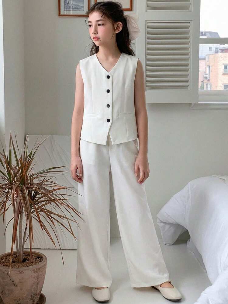 Tween Girls' Casual Solid Color Button Front Vest And Pants Set, Summer
