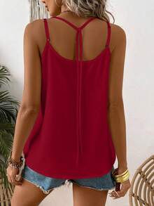 EMERY ROSE 女士纯色纽扣设计休闲宽松吊带背心 - 酒紅色 - 查看 2